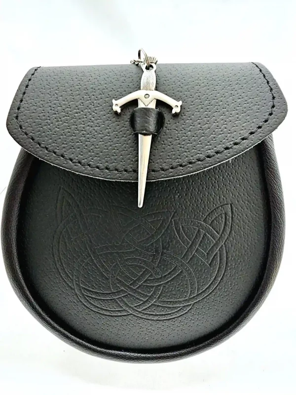 Black Leather Celtic Day Sporran with Sword Fastener