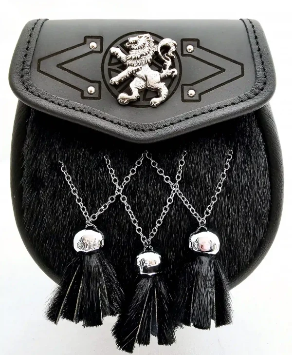 Black Leather Lion Rampant Semi-Dress Sporran with Sealskin